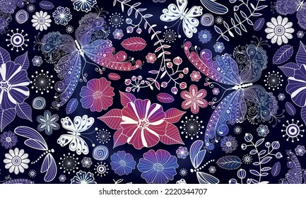 Nahtlose bunter Frühlingsmuster mit Schmetterlingen und Blumen auf dunklem Hintergrund. Vektor eps10