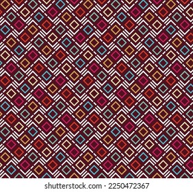 Seamless colorful square pattern with rhombus and diagonal lines. Abstract geometric background. Vector illustration.