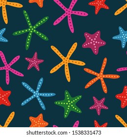 Seamless Colorful Starfish Pattern in Blue Background