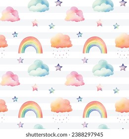 Seamless colorful stars rainbow clouds pattern. Watercolor stars rainbows vector background in pastel colors