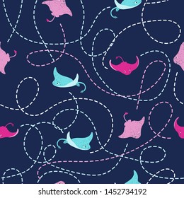 Seamless Colorful Stingray Pattern. Vector Print For Kids.