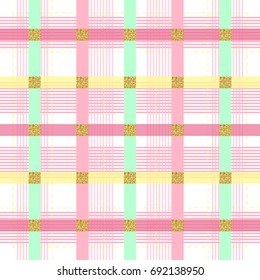 seamless colorful stripe pattern on white background with gold square glitter