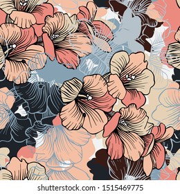 Seamless colorful stylized pattern with flowers mallow.The design is perfectly suitable for clothes design, production of textiles, wallpaper and wrapping paper, backgrounds.