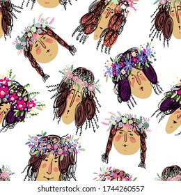 Diseño vectorial de diseño veraniego, inexorable y colorido, con rostros de muchachas jóvenes de verano con flores sobre fondo blanco. El diseño es perfecto para fondos, paquetes, decoraciones, textiles, superficies.