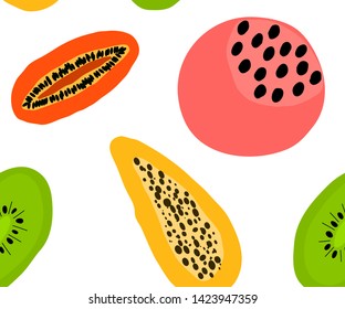 Seamless colorful summer pattern with fruits,papaya, kiwi, melon. Vector illustration. Template for fabric, wrapping, textile, wallpaper, print for clothes website card wrapping backdrop