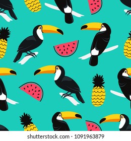 Seamless colorful summer pattern with hand drawn toucan birds, watermelon and pineapple fruits. Tropical exotic vector illustration