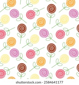 Seamless Colorful Sweet Pattern with Spiral Candies and Green Stems. Colorful hand-drawn cute illustration featuring spiral candies, green stems, and a playful design.