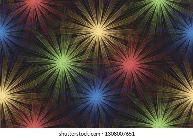 Seamless colorful swirl lines pattern on black background. spotlights vector illustration