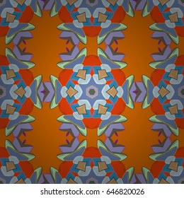 Seamless colorful texture curls. Seamless pattern on blue background with colorful elements. Openwork delicate colorful pattern. Oriental style arabesques. Vector design. Stylized flowers, paisley.