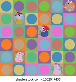 Seamless colorful texture with mice, squares and circles