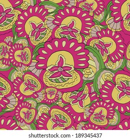 Seamless colorful texture with sea star, shell and water plant in hand draw style