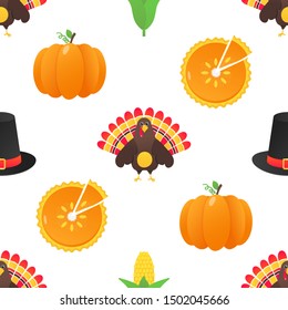 Seamless colorful thanksgiving pattern with turkey bird, pumpkins, corn and the hat on it flat style design vector illustration isolated on white background