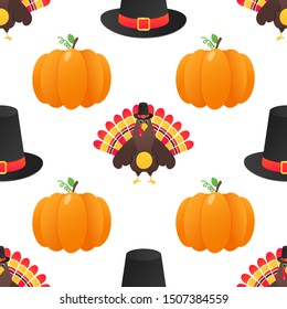 Seamless colorful thanksgiving pattern with turkey bird, pumpkins and the hat on it flat style design vector illustration isolated on white background