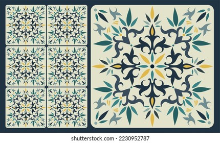 Seamless colorful tile with Islam, Arabic, Indian, ottoman motifs. Majolica pottery tile. Portuguese and Spain azulejo. Ceramic tile in talavera style. Vector illustration.