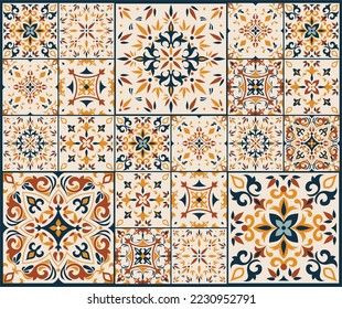 Seamless colorful tile with Islam, Arabic, Indian, ottoman motifs. Majolica pottery tile. Portuguese and Spain azulejo. Ceramic tile in talavera style. Vector illustration.