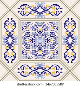 Seamless colorful tile in turkish style. Azulejos tile patchwork. Portuguese and Spain decor. Islam, Arabic, Indian, motif. Hand drawn background. Perfect for printing on fabric, paper, ceramic tile