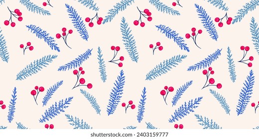 Seamless colorful tiny branches leaves and berries, dots pattern on a light background. Vector hand drawn sketch. Creative abstract leaf floral printing. Design for fabric, fashion, textile, wallpaper