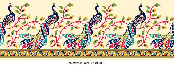 Seamless colorful traditional Asian peacock border design 