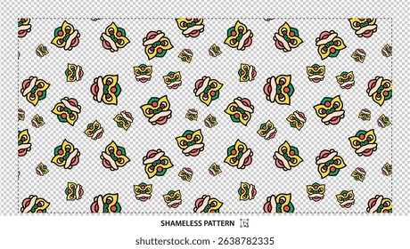 Seamless colorful traditional lion dance pattern with festive cultural motifs on transparent background