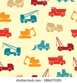 Seamless colorful transport pattern with construction trucks.	