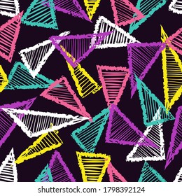 Seamless colorful triangles pattern. Abstract geometric background in neon colors.