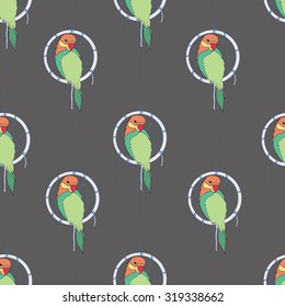 Seamless colorful tropical vector pattern with parrots and rings