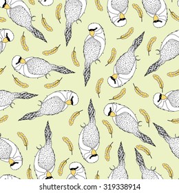 Seamless colorful tropical vector pattern with parrots and feathers. Pastel sweet colors