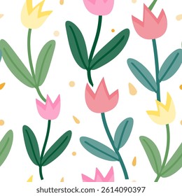 Seamless Colorful Tulip Flower Pattern with White Background
