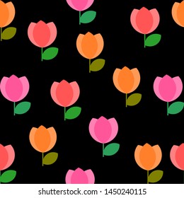 Seamless Colorful tulip flowers pattern on black background