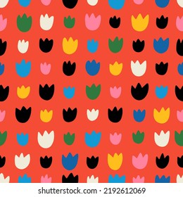 Patrón de tulipanes coloridos y sin brillo. Fondo abstracto con formas de doodle dibujadas a mano. 
