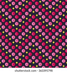 Seamless colorful vector background with decorative flowers and polka dots
