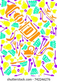 Seamless colorful vector background on the kitchen interior theme.