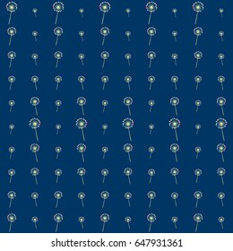 Seamless colorful vector dandelion pattern. Floral dark blue background design with blow ball plant. Flower with heart shaped feather illustration.
