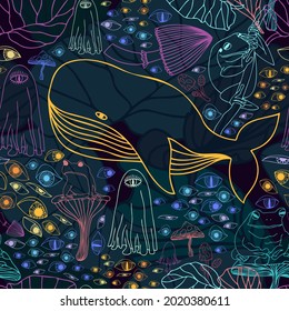 Seamless colorful vector decorative pattern of phantasmagoria with lined mushrooms, eyes, frogs and whale in neon tones. The design is perfect for wallpaper, wrapping paper, textiles, backgrounds
