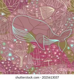 Seamless colorful vector decorative pattern of phantasmagoria with lined mushrooms, eyes, frogs and whale. The design is perfect for wallpaper, wrapping paper, textiles, backgrounds