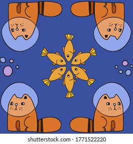 Seamless colorful vector design of lined cats underwater and fish. Cats formed in groups and fish in stars. The design is perfect for textiles, pyjamas, sheets, wallpapers, wrapping paper