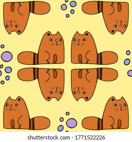 Seamless colorful vector design of lined cats underwater and fish. Red cats formed in groups on a yellow background. The design is perfect for textiles, pyjamas, sheets, wallpapers, wrapping paper