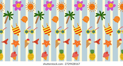 Projetos vetoriais coloridos e perfeitos para o verão, festivais de praia e padrões de tecido alegres e brilhantes — bonitos e adequados para crianças.