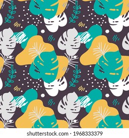 Seamless colorful vector floral pattern with leaves, branch and plants