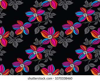 Seamless colorful vector flower pattern on dark background