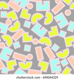 Seamless colorful vector geometric abstract pattern. Cute funny lime green, pink and light blue confetti sprinkle simple shapes on grey background.