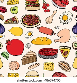 Seamless Colorful vector hand drawn food cartoon background