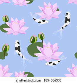 Seamless colorful vector illustration with carp and pink water lilies on a blue background. For decorating textiles, packaging and web design.
