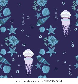 Seamless colorful vector illustration with jellyfish and sea shells. For decorating textiles, packaging and web design