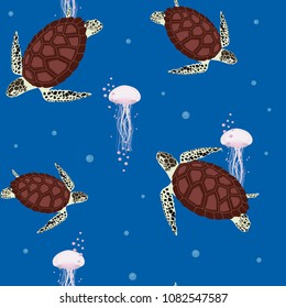 Seamless colorful vector illustration of the ocean with turtles of jellyfish. For decorating textiles, packaging and wallpaper.