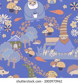 Patrón de ilustración vectorial de un gnomo sin colorido, con casas en un bosque en tonos pastel. El diseño es perfecto para textiles, papel de envoltura, embalaje, papel pintado, fondo de fondo.