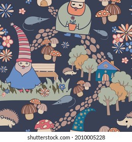 Patrón de ilustración vectorial de un gnomo sin colorido, con casas en un bosque en tonos pastel. El diseño es perfecto para textiles, papel de envoltura, embalaje, papel pintado, fondo de fondo.