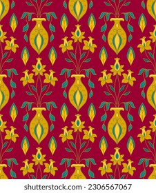 Seamless colorful vector ornament. Pattern with stylized vases and flowers. Traditional template for a carpet, wallpaper, textile. 