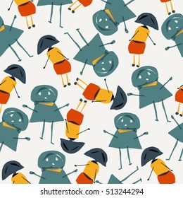 Seamless colorful vector pattern with abstract hand drawn girls characters for your design