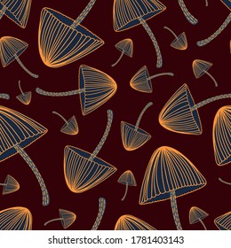 Seamless colorful vector pattern of autumn forest mushrooms on dark background. The design is perfectly suitable for textiles, surfaces, backgrounds, packaging, sheets, wallpaper, wrapping paper